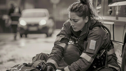 A paramedic kneels beside an injured person, their focused expression conveying expertise and compassion.
