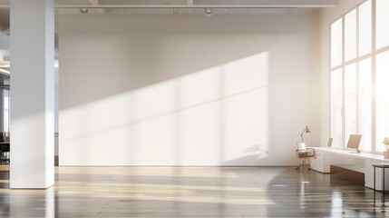 A large blank wall in a sunlit, airy office space.