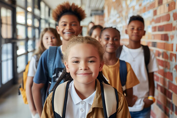 Fototapeta premium Portrait of group of multiethnic schoolchildren with smile at school
