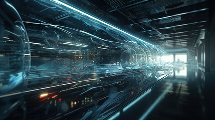 Abstract technology burst with glowing wires and particles in motion. Technology and science dynamic background.