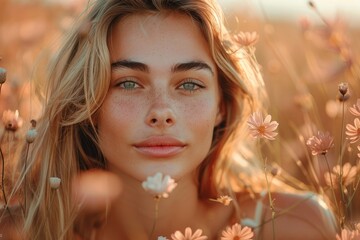 A young woman with freckles is peacefully surrounded by orange flowers during a golden sunset - obrazy, fototapety, plakaty
