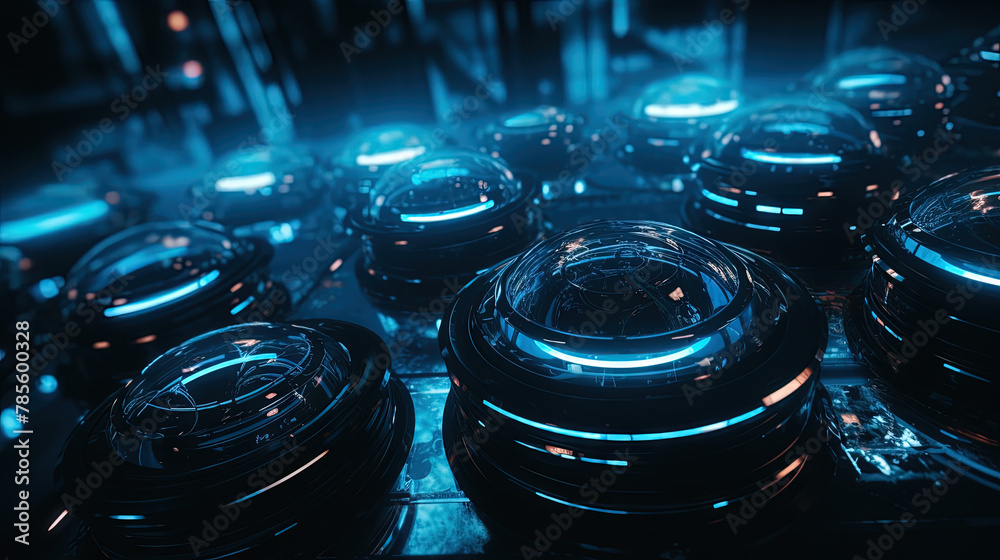 Poster Technology abstract background with hud styled round interface elements in neon tech light.