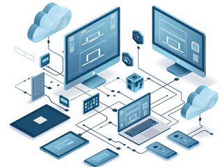 Fototapeta premium Visualizing cloud storage communication within a home or work network, this isometric illustration features a computer, laptop, tablet, and smartphone seamlessly interacting