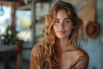 Obraz premium Relaxed young woman with wavy blonde hair and casual attire indoors