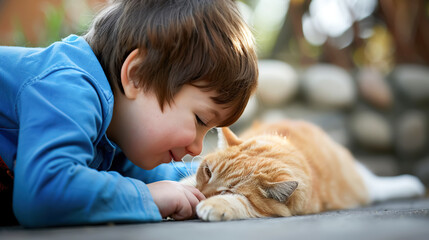 A smiling boy with Down syndrome enjoys tender moments with his pet cat. The concept of love for animals, the attitude of inclusive people towards animals, non-traditional methods of treatment