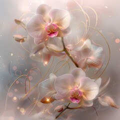 A stunning image of Phalaenopsis orchids enhanced with magical golden light and soft glow effects amidst a dreamy, white background. Perfect for decor and serene settings.