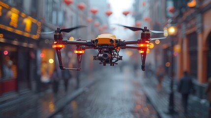 Drone flies over city street capturing water, heat, buildings, asphalt roads - obrazy, fototapety, plakaty