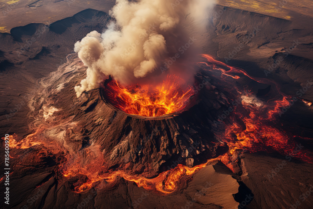 Sticker volcano eruption from a bird view. volcano crater and magma flow shot from above. genertated ai.