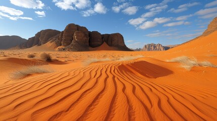 Fototapeta na wymiar Mountain in distance, sand dunes near, blue sky above