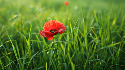 A single red poppy blooms amidst a field of green grass, symbolizing remembrance day.
