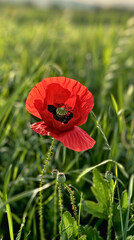 A single red poppy blooms amidst a field of green grass, symbolizing remembrance day.
