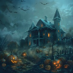 Spooky Pumpkin Patch - Haunted House Halloween Background for a Scary Night of Trick or Treating