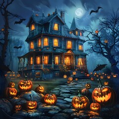 Fototapeta na wymiar Spooky Pumpkin Patch - Haunted House Halloween Background for a Scary Night of Trick or Treating