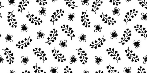 Monochrome seamless floral ornament pattern. Black flowers, Outline drawing on white background. Simple spring wrapping. Vegetal background hand-drawn of grass and flowers.