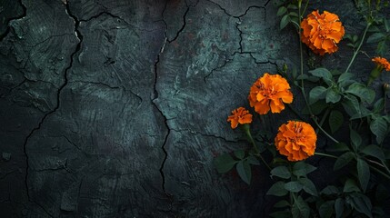 Three large vivid orange marigolds stand out against a textured, dark green cracked background, evoking a sense of nature's beauty amidst decay.