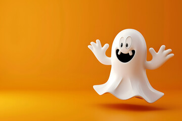 Cute 3D cartoon ghost character on background with Space for text.