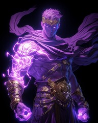 Fototapeta na wymiar A mysterious character with a purple aura standing against a black background, emanating a sense of power and enigma , hyper realistic