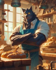 Surrounded by the delightful aroma of fresh bread, a werewolf baker skillfully crafting intricate designs on their loaves, a hint of darkness in their golden eyes , 3DCG