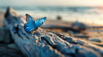 A bright butterfly on a log near a calm sea. A blue butterfly enjoy the silence by the sea. Nature...