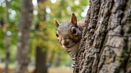 A curious squirrel peeking out from behind a tree trunk, eyeing the campsite