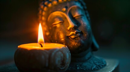 A statue of a face with a candle in front of it