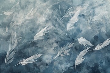 Monochrome Elegance: White Feathers on Blue - obrazy, fototapety, plakaty