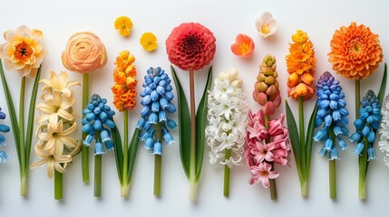   A collection of vibrant flowers - orange, yellow, pink, and blue - situated on a pristine white background Their stems, predominantly green, support their colorful blooms - obrazy, fototapety, plakaty