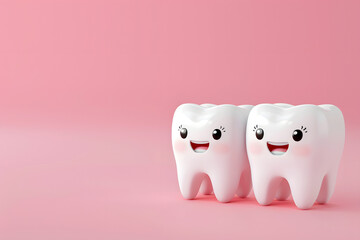 Cute 3D cartoon tooth character on background with Space for text. Dental health.