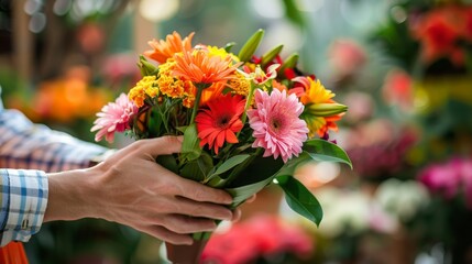 A man is holding a bouquet of flowers
