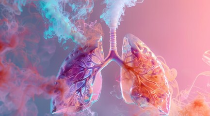 A colorful drawing of a lung with light orange and light magenta branches.