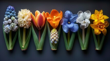   A row of tulips and daffodils, their green stems contrasting against a black surface - obrazy, fototapety, plakaty