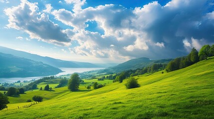 Obraz premium Breathtaking landscape of green hills under a vast blue sky