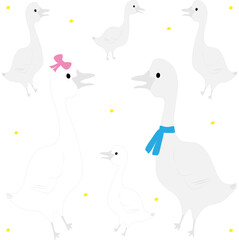 A goose with a pink bow and a goose with a blue scarf. A group of cute white and gray geese. The concept of agriculture, Thanksgiving, Christmas