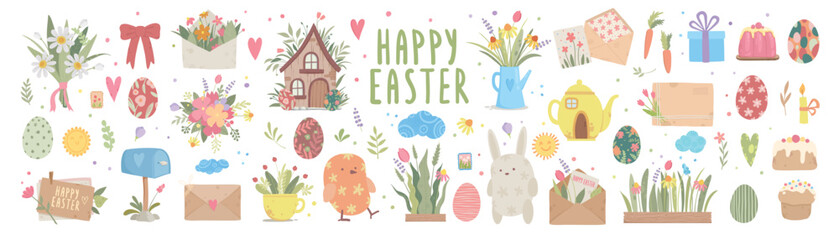 Set of Easter design elements. Eggs, chicken, butterfly, rabbit, tulips, flowers, willow, branches, basket, tulips, narcissus. Perfect for holiday decoration and spring greeting cards