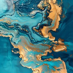 Oceanic Dreams - Captivating Abstract ART Background with Liquid Acrylic and Gold Powder Technique, Aerial View of Blue Golden Island