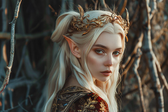 Beautiful young elf womanwith elven ears and golden crown