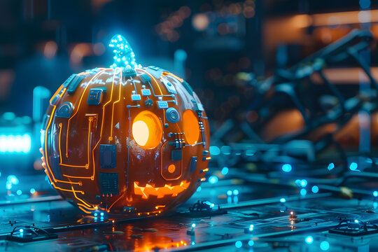 Scary Jack O lantern pumpkin on futuristic technology colors neon background.
