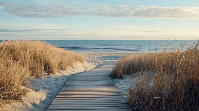 A wooden path leading to the sea with wild grass on either side. Natural landscape. Sea view. Nature concept. - Powered by Adobe