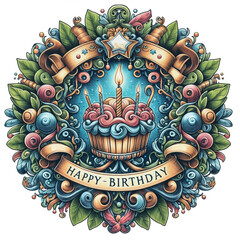 Round Happy Birthday Wreath for Party, Card, Poster, Tattoo, Coasters, Clothes Print, Flag, Invitation, party decoration