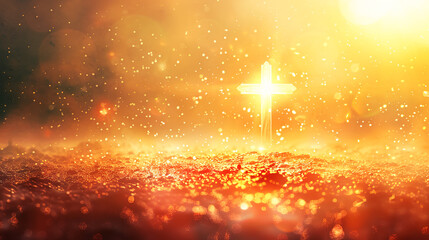 A shining cross emitting divine golden light in a mystical atmosphere. Concept of Faith and Spirituality, Easter, Exaltation, religious holidays. Horizontal frame, copy space