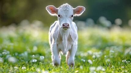   A small white cow stands atop a lush, green grass field, adjacent to a dandelion-covered expanse