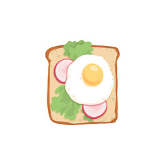 Toast with fried eggs, rucola and cream cheese on grilled bread. Sandwich with slices of fresh ingredients. Vegetarian snack. Breakfast food. Flat vector illustration isolated on white
