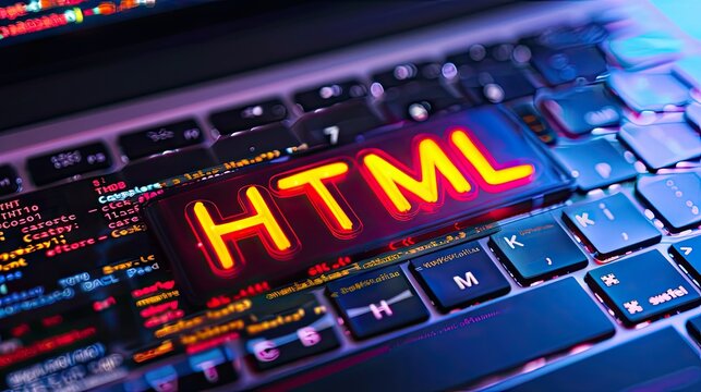 HTML inscription against a laptop and code background
