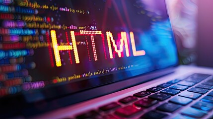 HTML inscription against a laptop and code background