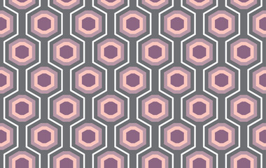 Connected hexagon shapes in purple fill colors and white outline on grey connected in an alternating repeat pattern, geometrical vector illustration	