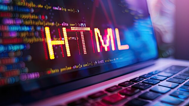 HTML inscription against a laptop and code background