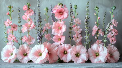   Group of pink flowers atop wooden table, against gray wall