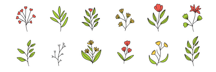 Collection of Doodle flowers colored outline. Hand drawn vector art.