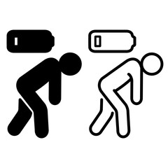 tired person icon, fatigue or exhausted, lack battery energy, low charge, burnout workplace, stress, thin line symbol on white background