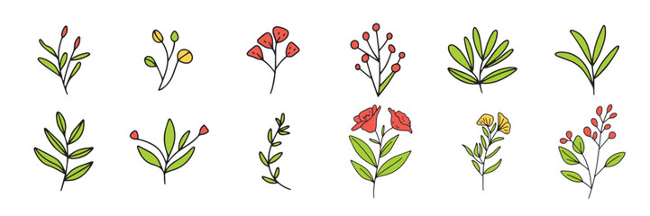 Collection of Doodle flowers colored outline. Hand drawn vector art.
